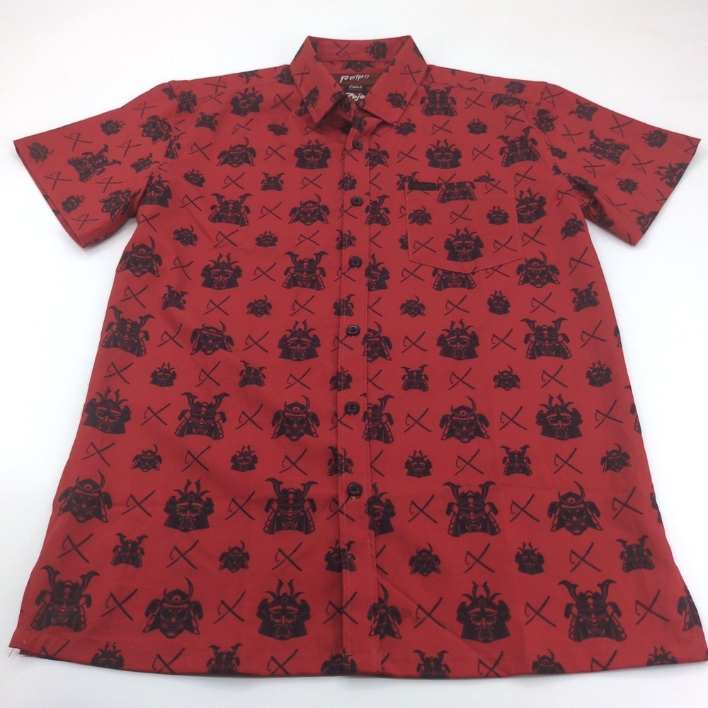 Retro Rifle Oni Mask V2 Red Button Down Shirt Short Sleeve Mens Medium Samurai